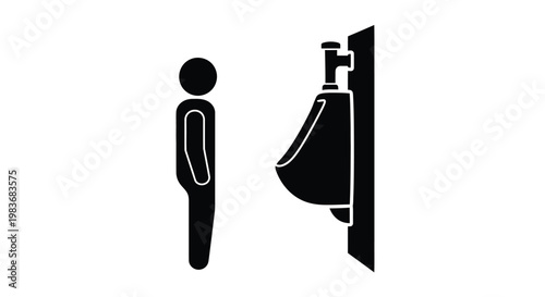 A stark black silhouette depicts a person standing before a public restroom urinal illustrating a common bathroom fixture silhouette high quality professional detailed modern