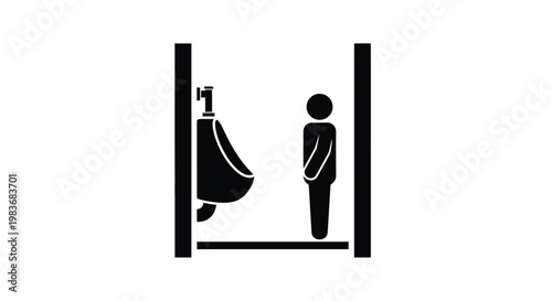 This stark black and white image depicts a public restroom scene with a urinal and a standing figure presented as a silhouette high quality