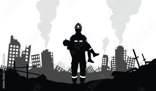 A dramatic black and white image depicts a firefighter carrying an unconscious person through a devastated cityscape evoking themes of rescue and loss silhouette