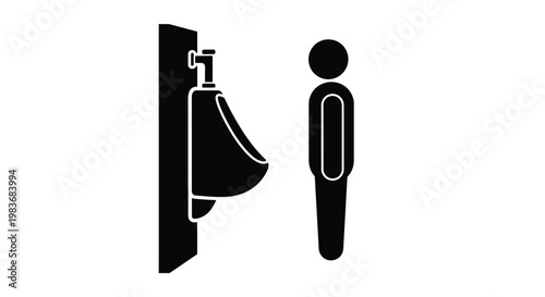 A stark black and white illustration depicts a public restroom fixture alongside a human figure rendered as a silhouette high quality professional detailed modern