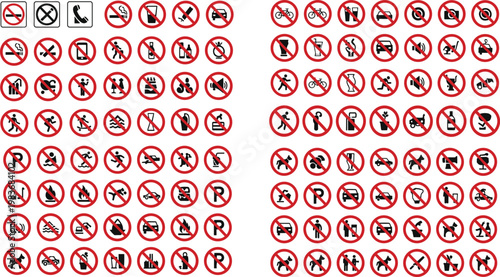Large collection of prohibition icons with red crossed warning symbols representing restricted activities and safety rules isolated on white background for signage design
