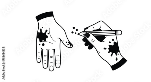 A striking black and white illustration depicts two hands one spilling ink and the other holding a pencil creating an artistic scene silhouette