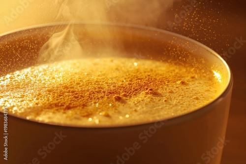 Golden turmeric latte with creamy foam and spice particles in warm macro light