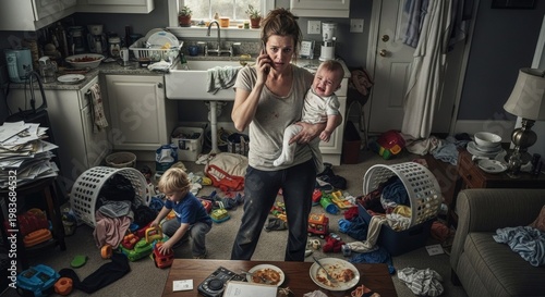 A frazzled mother stands in a cluttered kitchen while talking on the phone and holding her baby.