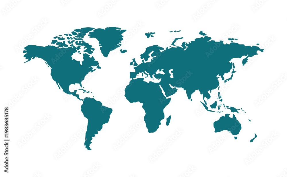 Fototapeta premium Flat teal blue silhouette of the map showing all continents and major islands isolated on a plain white background