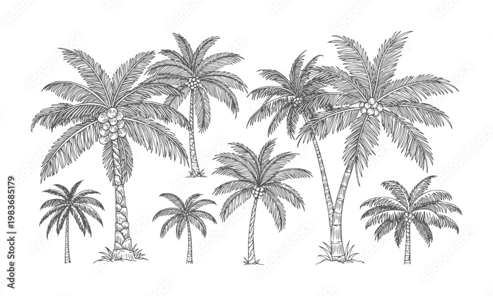 Obraz premium Collection of hand drawn palm trees with coconuts white tropical nature