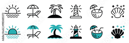 Set of summer vacation featuring sun over waves beach chair palm tree lighthouse coconut drink and seashell in black and teal outline style