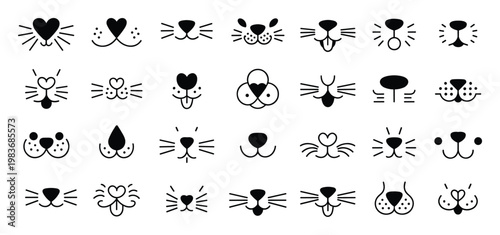 Set of black and white animal nose featuring cat dog rabbit and bear muzzles with whiskers and tongues in a flat style arranged in a grid pattern on a white background