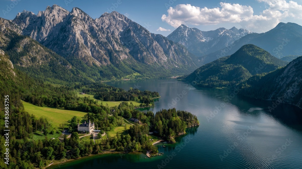 Fototapeta premium A breathtaking view of lakes in Austria, featuring crystal-clear waters surrounded by mountains and serene natural landscapes.