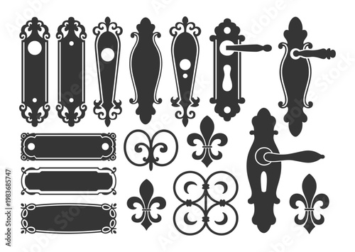 Decorative Doorknob Designs: A collection of various, meticulously crafted doorknob designs and plates, showcasing intricate shapes and decorative elements.