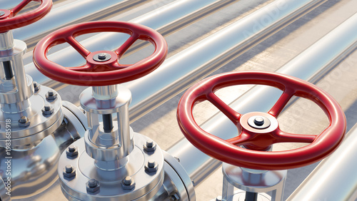 Принти на полотні Close-up of industrial pipeline system with red valve wheels controlling the flow of liquids or gases