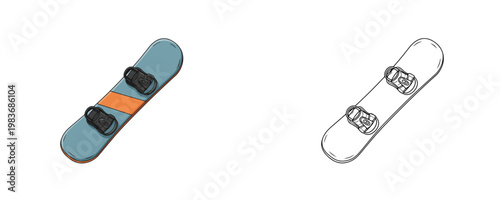 Snowboard illustrations in flat color and black line styles showing winter sports equipment with bindings in turquoise and orange tones on white background for mountain activity design