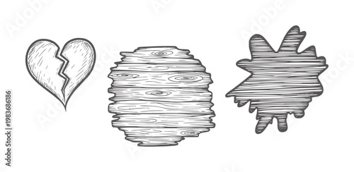 Hand drawn broken heart wood texture and abstract shape love