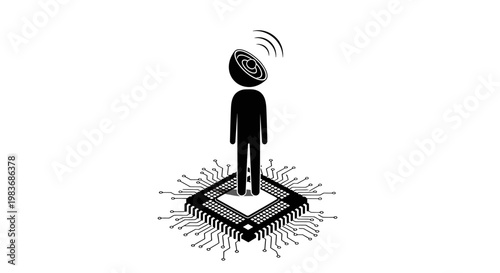 a person standing on a microchip with a brain for a head.