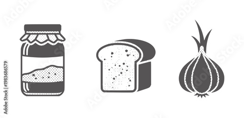 Jar of jam slice of bread and onion