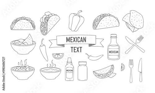 Mexican food and ingredients line with banner tacos nachos