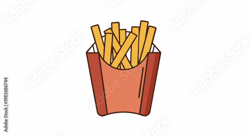 Golden crispy French fries served in a red cardboard carton as a flat vector graphic design illustration