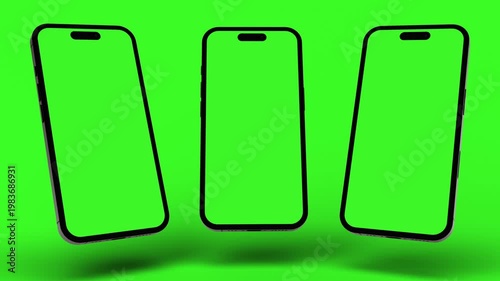 Smartphone mockup animation template with 3 displays and green screen for Apps