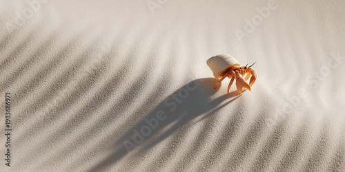 A hermit crab walks across a textured sandy surface, casting a long shadow in the sunlight. Its small shell protects its body as it explores the beach