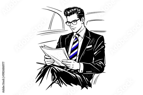 Elegant Business Gentleman Reading Documents Premium Illustration