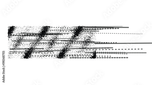 Distorted glitch texture with horizontal speed lines, black and white digital noise pattern, abstract motion blur vector element for tech design