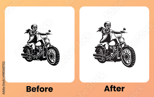 Vintage biker riding motorcycle silhouette vector illustration, black and white classic chopper design before and after concept