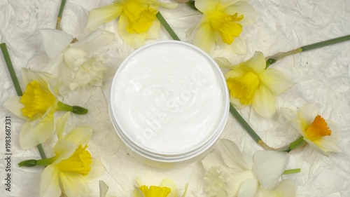 Jar with body and hand cream, fresh flowers daffodil are on a white background, cosmetics based on daffodil