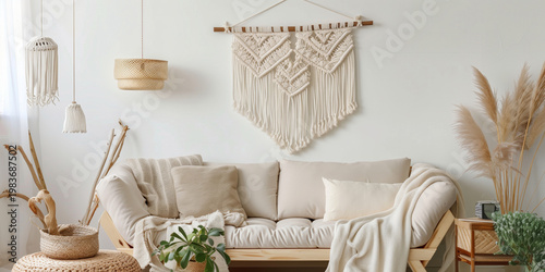 Elegant macrame wall hanging displayed above a cozy sofa in a bright boho living room with neutral textiles, woven lamps, natural materials, and pampas grass