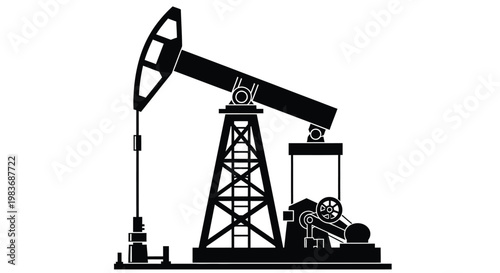 Fotografie A stark black silhouette of a classic pumpjack oil well representing energy extr