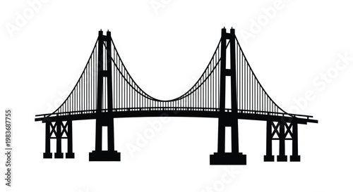 A striking black silhouette depicts a suspension bridge with distinctive towers and cabling showcasing architectural design silhouette high quality professional detailed modern elegant stylish