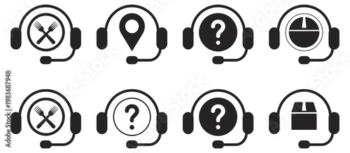 Service icons set with headphones, food, location pin, question box, and package symbols, vector illustration representing customer support, delivery service, help desk, and logistics communication 