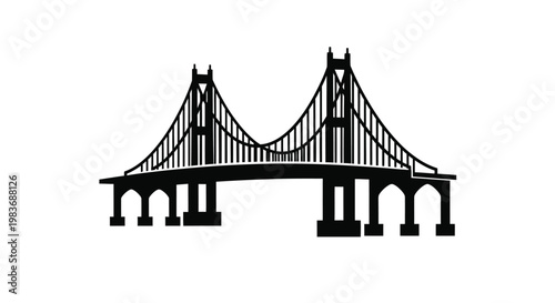 A striking black and white depiction of a suspension bridge featuring prominent towers and cables presented as a silhouette high quality professional detailed modern