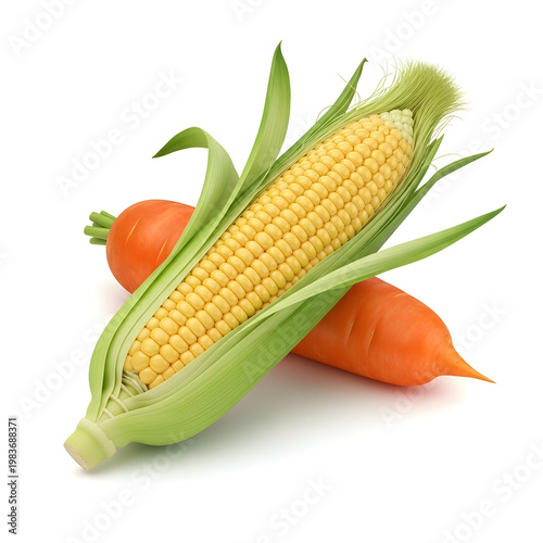 Fresh corn and carrots on transparent white background high quality produce image for design