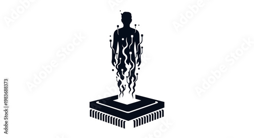 A human figure emerges from a microchip.