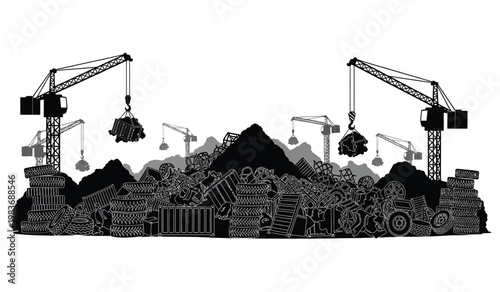 A detailed illustration depicts a construction site with multiple cranes debris piles and equipment presented as a striking silhouette high quality professional modern elegant