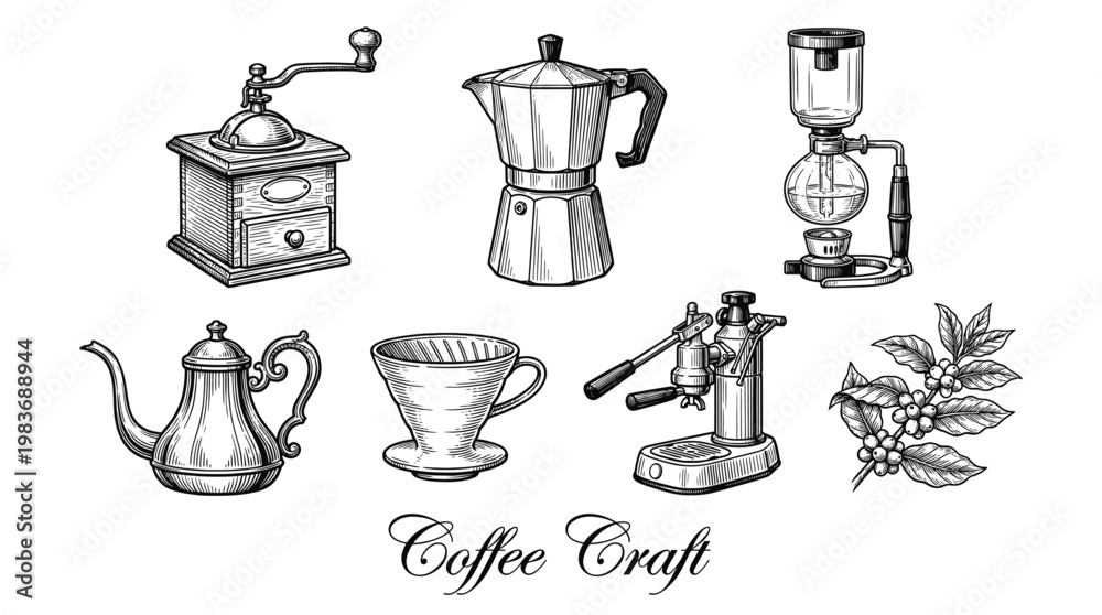 Obraz premium Vintage Coffee Brewing Equipment Vector Set - Hand Drawn Sketches of Moka Pot, Manual Grinder, Syphon, Espresso Maker and Coffee Beans Branch for Cafe and Barista Design