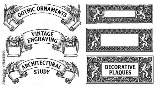 Set of Vintage Gothic Engraving Elements Featuring Gargoyles Griffins and Ornate Banners Decorative Architectural Plaques and Heraldic Design Elements Vector Illustration