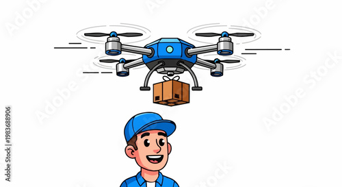 A smiling delivery man wearing a blue cap receives a package from a drone in a vector illustration.