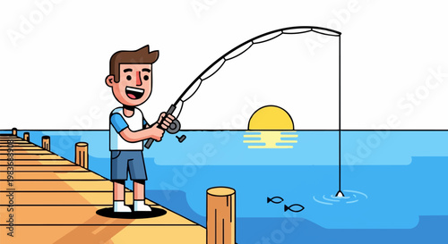 A cartoon character angler fisherman catches fish on a lake fishing dock outdoor recreation hobby activity.