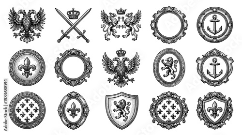 Vintage Heraldic Collection of Royal Symbols, Crests, and Ornate Frames in Etching Engraving Style