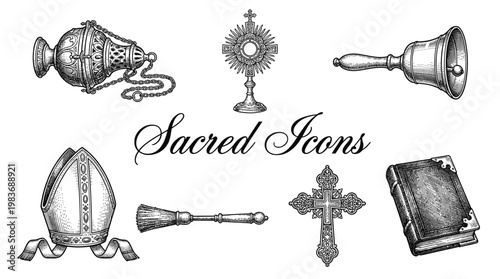 Set of Sacred Icons and Catholic Church Symbols, Hand-Drawn Engraving Style Vector Illustration featuring Monstrance, Thurible, Mitre, Bible, and Crucifix