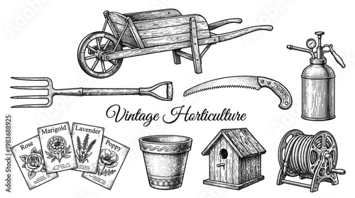Vintage Horticulture and Gardening Tools Vector Illustration Collection with Wheelbarrow, Birdhouse, and Seed Packets