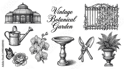 Vintage Botanical Garden Elements Set with Victorian Greenhouse, Gardening Tools, and Flowers Engraving Style Vector Illustration