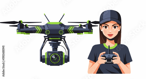 A cartoon character woman operates a drone with a camera for outdoor recreation and hobby.
