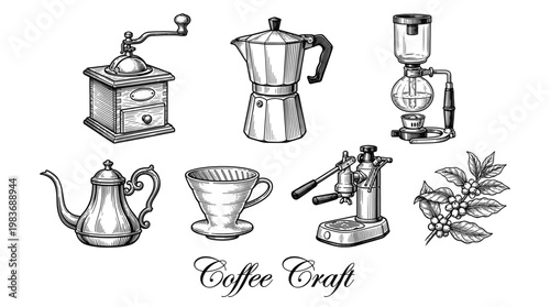 Vintage Coffee Brewing Equipment Vector Set - Hand Drawn Sketches of Moka Pot, Manual Grinder, Syphon, Espresso Maker and Coffee Beans Branch for Cafe and Barista Design