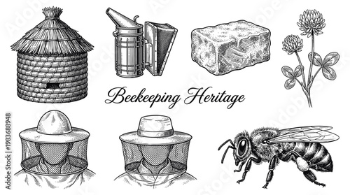 Vintage Beekeeping Engraved Illustration Set with Beehive Smoker Honeybee Clover and Beekeeper Protective Gear