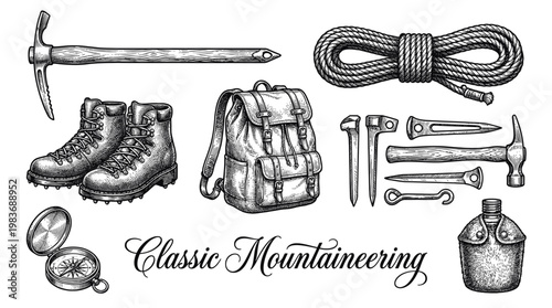 Vintage Mountaineering Gear Collection Hand-Drawn Engraving Style Vector Illustration Featuring Climbing Equipment and Hiking Accessories