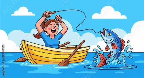 A cartoon character angler fish catching in a yellow boat on a lake for recreation and hobby.