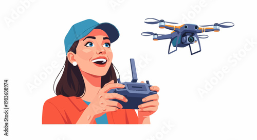 A woman operates a drone controller with a flying drone nearby, showcasing technology and outdoor recreation.