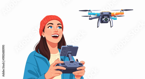 A cartoon character woman operates a drone with a controller in her hands outdoor activity recreation hobby.